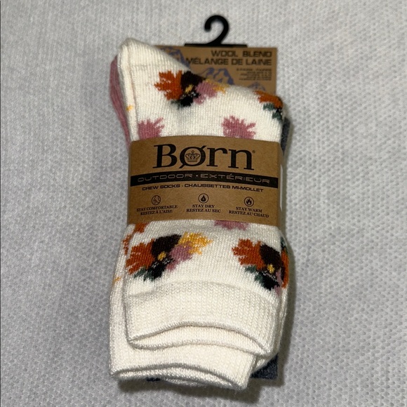 BORN OS Ivory Gray Pink Printed Fall Wool Blend Crew Outdoor Warm Socks 4pk - Picture 1 of 13